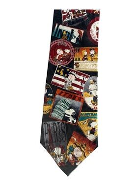Vintage Peanuts Snoopy World Travel 100% Silk Hand Sewn Necktie Novelty 90s
